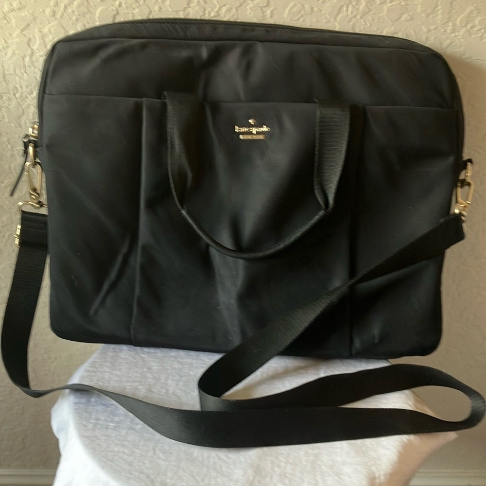 Kate Spade: Black “Storybook” laptop bag- gold tone- 3 separate pockets- wear